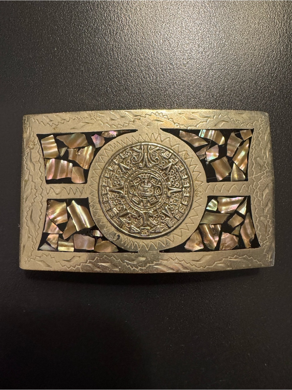 Vintage Aztec Calendar Abalone Shell Mosaic Belt Buckle